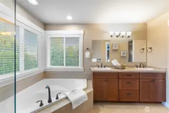 Large bathtub and windows in the ensuite.