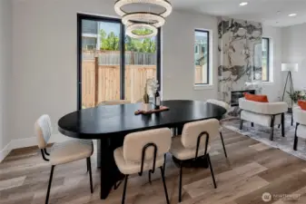 Bright dining room featuring MSR's newest light fixtures