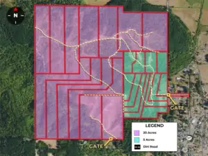 Subject listing in green. The 20-acre lots are also available for sale.