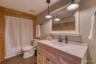 The guest bath has a nice a country charm, you will love the wood accent wall, very charming.