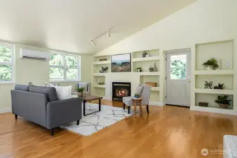 Custom built shelves in large living area