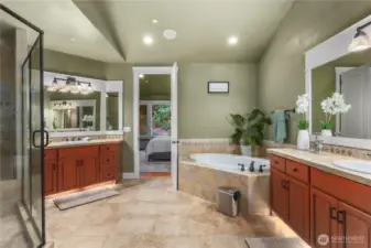Primary Ensuite bathroom with tub, shower and private toilet