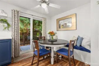 Dining room with bench to maximize storage