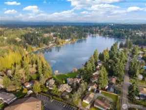 Aerial view of lake and neighborhood