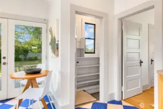 Door to the left takes you to the rear yard deck. Middle door to the unfinished basement. Right door to the main floor bedroom.