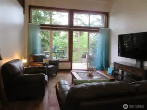 Living room with vaulted ceilings that extend to 14 feet.