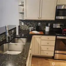 Double stainless kitchen sinks.