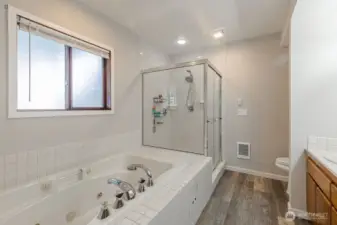 Primary bath with a soaking tub, separate shower, and vanity.