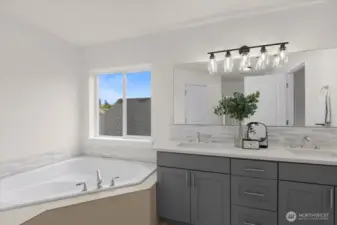 Spa-inspired bathroom featuring a large soaking tub and modern finishes