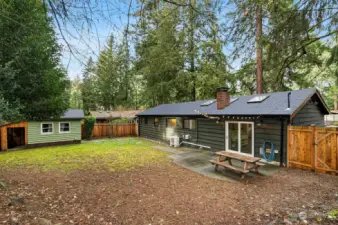 Private backyard with patio & a dog door.