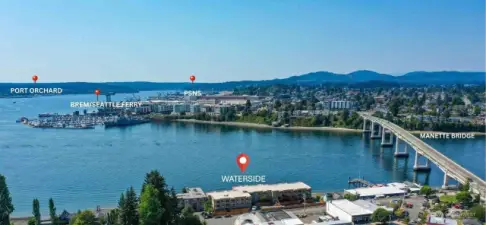 The drone shot show that The Waterside is less than a mile from PSNS main gate or the Seattle Ferry Terminal.