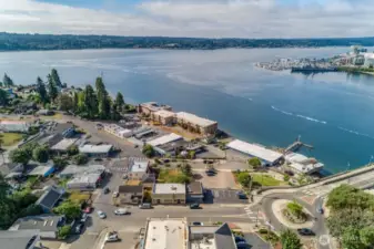 Arial of downtown Manette with The Waterside sitting right on the waters edge.
