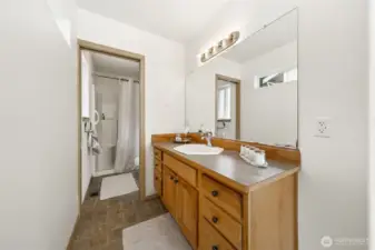Private primary ensuite with large vanity and separate water closet with toilet and shower.