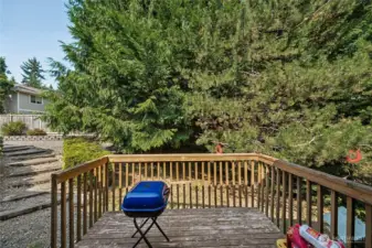 Private BBQ deck off Unit B includes a private, lush green backdrop.