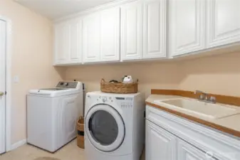 Ample laundry room space conveniently located off of garage entrance. Lots of storage and large sink.   Appliances convey with home.