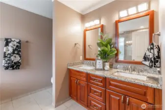 Double sinks and beautiful countertops.