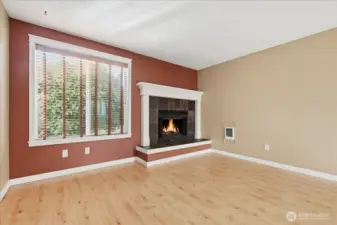 Living Room, Wood-Burning Fireplace, Wood Blinds
