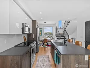 kitchen island and dining area