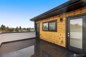 A full rooftop deck offers endless possibilities — outdoor dining, evening stargazing, and gatherings with panoramic neighborhood views. Photos are of model home with similar fixtures & finishes.