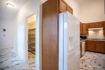 large pantry off of the kitchen with lots of shelving
