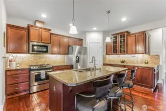 Granite kitchen with walk-in pantry. Undercounter lighting.