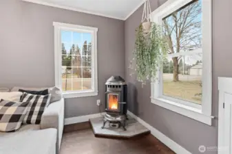 This fire place has the sound of crackling wood and creates great ambiance.