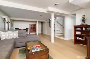 Primary residence lower level is light and bright and used as a family gathering and recreation area. At base of stairs is the door to the mechanical room at right. Entrance to half bath is just left of the bookcase. Entrance to the stairs to the garage is at left just beyond the sofa.