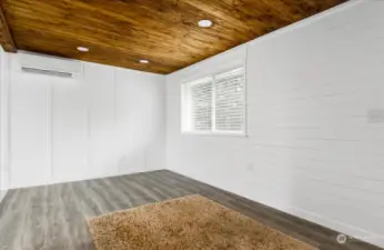 Living room and new ductless heat pump with air conditioning.