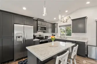 Kitchen with stainless appliances & modern lighting