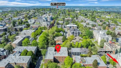 Drone photo from above the building looking North. Trader Joe's is to the right and Central Co-Op Grocery stores are within a block. The UW Campus is a quick commute away.