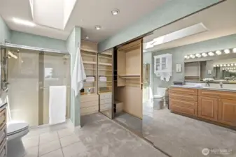 The spacious primary ensuite features a skylight, generous open layout, an oversized closet, and abundant storage.