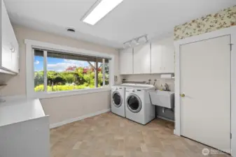 Wow! Massive laundry room with a washing sink, huge folding area, open space, and a built-in ironing board.