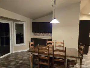 Dining room with built in cabinets.