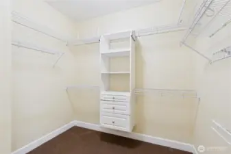 The primary suite features a huge walk-in closet, offering ample storage and organization space.