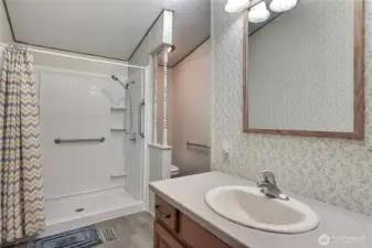 Updated Ensuite Primary Bath! No more tub in this bath, walk-in shower and also solid-surface vanity, lovely!