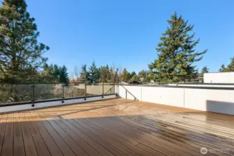 West facing rooftop deck features glass railings, Timbertech decking, exterior lighting and territorial and city views.