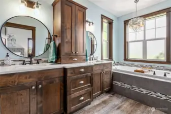 Ensuite bath has tons of cabinet storage, huge garden tub, & again tons of windows!
