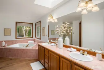 Primary Bath with Dual Vanities, Soaking Tub, Separate Shower, Skylight and Walk-in Closet