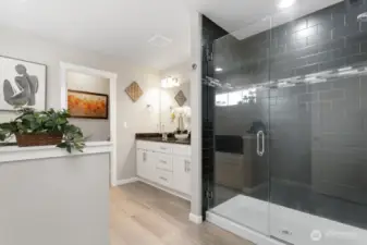 Gorgeous design primary bath. With separate tub and large shower. Double sink on quartz