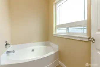Luxurious soaking tub in the primary bathroom.