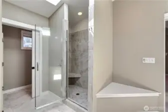 Primary ensuite bath view 2 showing walk-in shower, closet and separate water closet.