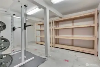 Downstairs as well you will find this bonus room with include Paramount weight equipment, shelving for storage and to the left of the shelving is a door to the outside.