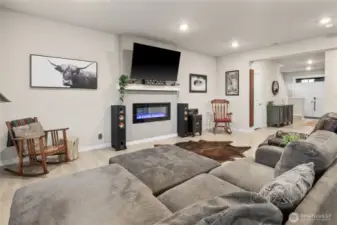 Living area with electric fireplace/ large windows for natural light