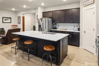 Well- maintained Palomino Home open concept chef's kitchen with quartz counters, Stainless steel appliances and soft-close cabinetry/great room/dining area