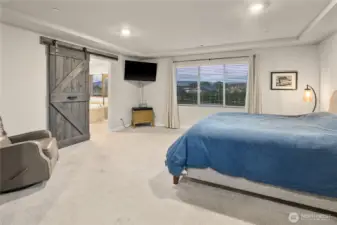Primary bedroom with en-suite soaking tub, walk-in closet