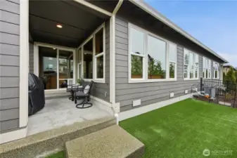 Sunny backyard and covered patio.