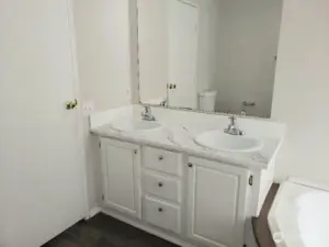 Picture of the Huge Primary Master Bathroom with Newer Double Sink Vanity, Counter Top, Newer Trim, and Vinyl Plank Flooring.