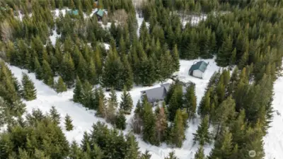 Aerial view of house and shop