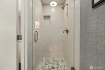 Custom Primary 3/4 Bathroom, all tiled, non-slip, stone-pebble floor