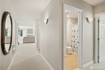 Good site lines to living room, 3/4 bathroom next to the 2nd bedroom.  Bedrooms are separated to allow maximum privacy and quietness.